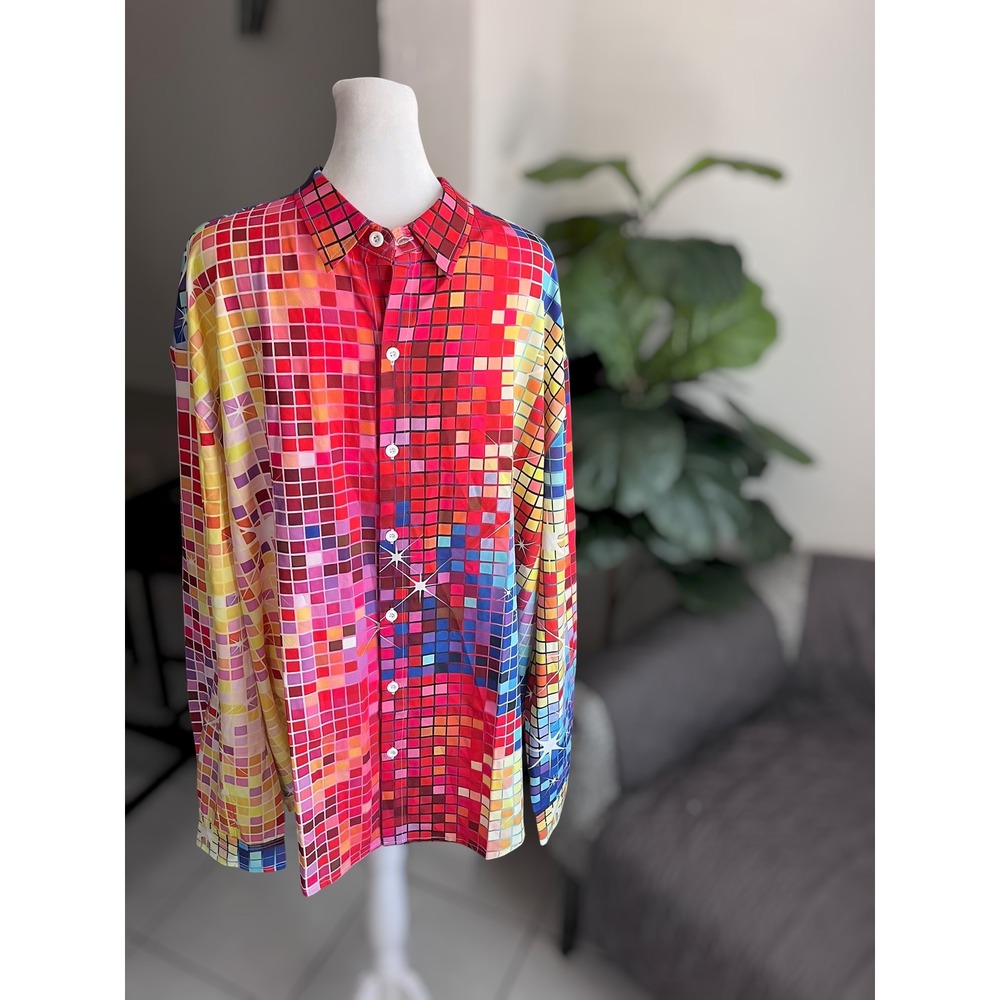 HOO Disco Pixel Mosaic Print Long Sleeve Button Down Shirt Size 3XL